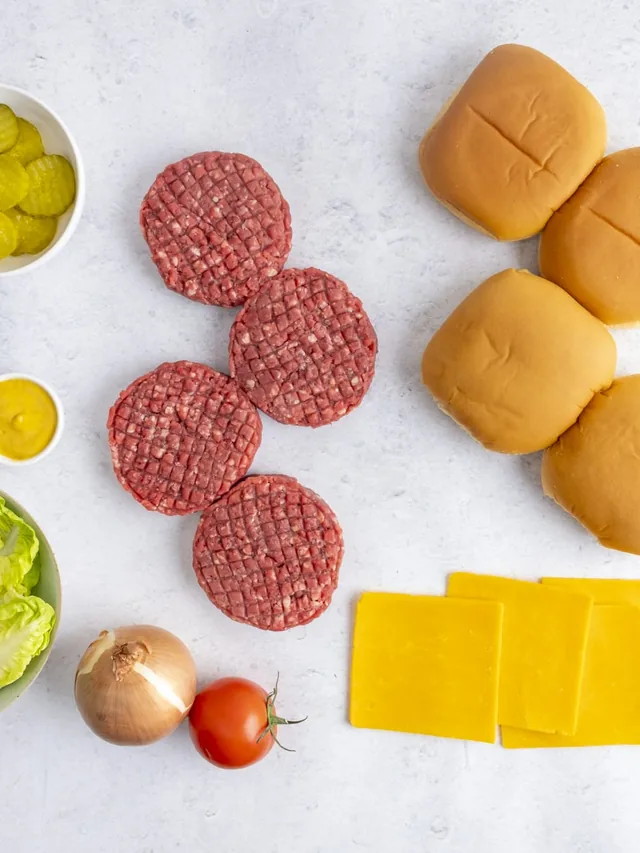 Beef burger box contents: burgers, buns, cheddar, salad and sauces