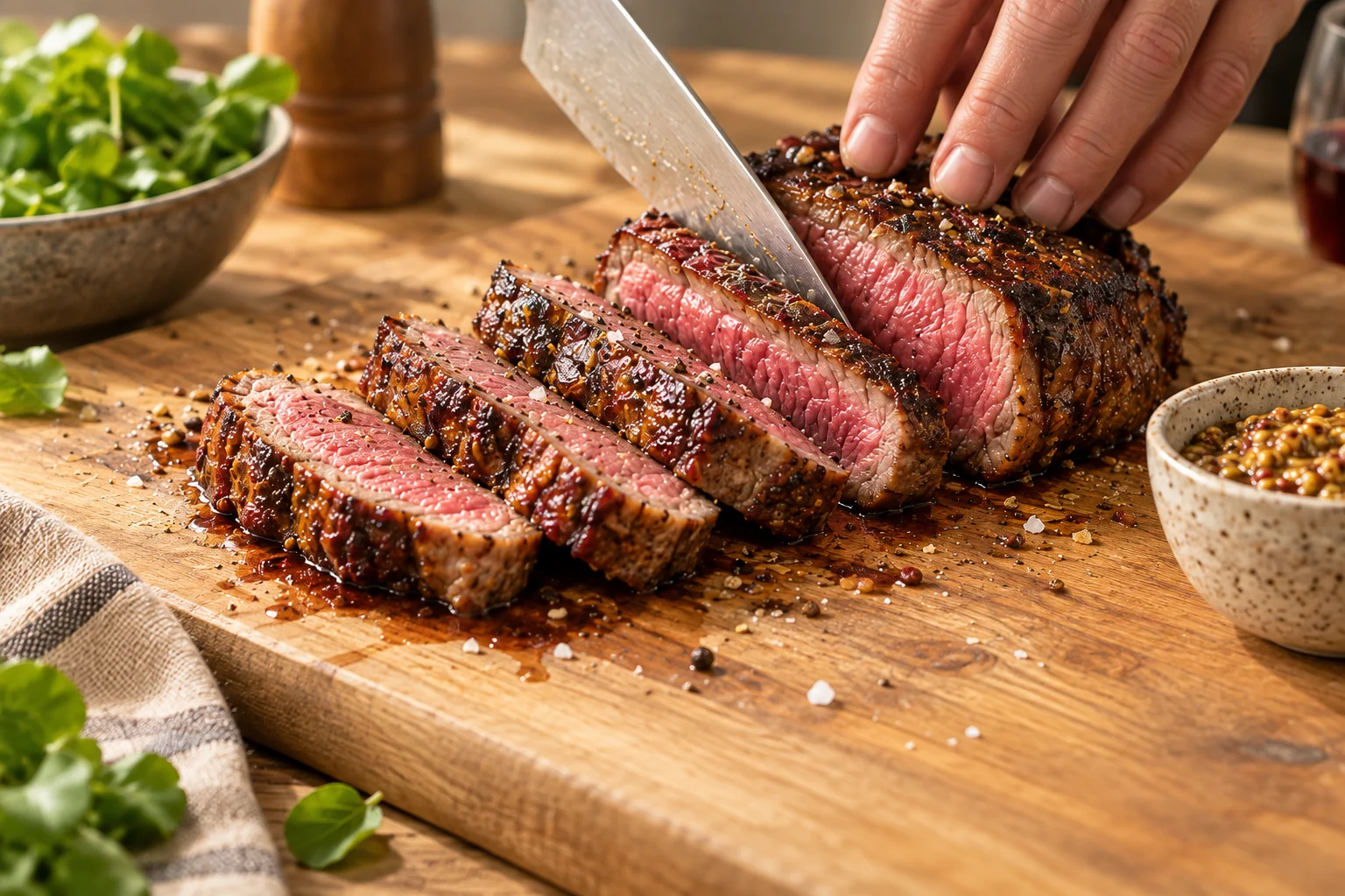 Sliced cooked steak, pink inside, with mustard beside it and a hand at the board.