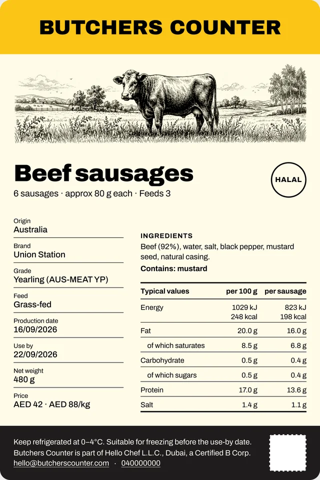 The Butchers Counter pack label: origin, brand, grade, feed, production and use-by dates, net weight, price, ingredients and nutrition